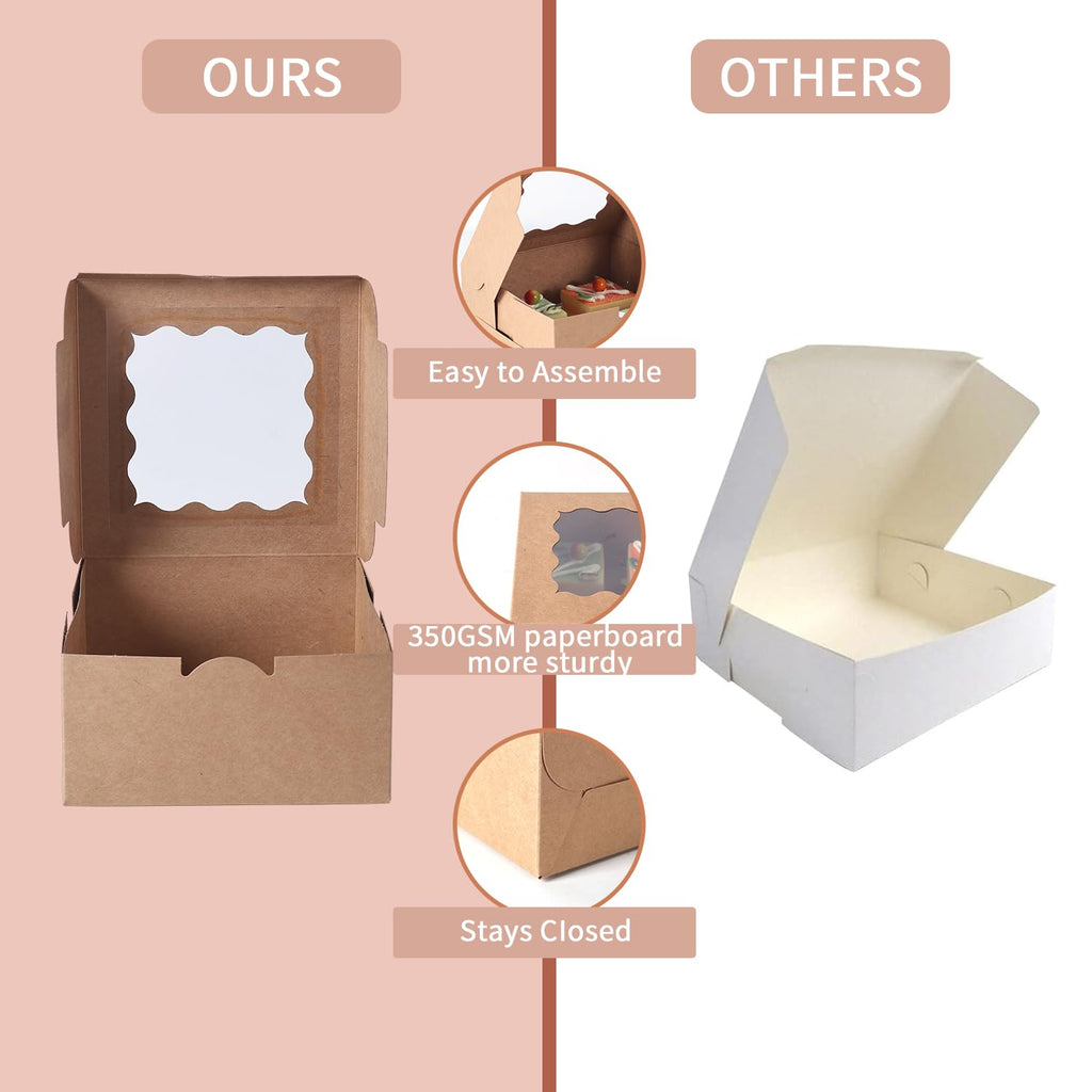 PFAMKEER 100 pcs 6x6x3 Inches Small Cake Box with Window, Bakery Pastry Cookie Boxes, Mini Pie container for Pastry,Dessert,Strawberries,Chocolates, Cupcakes with paper stickers (Brown)