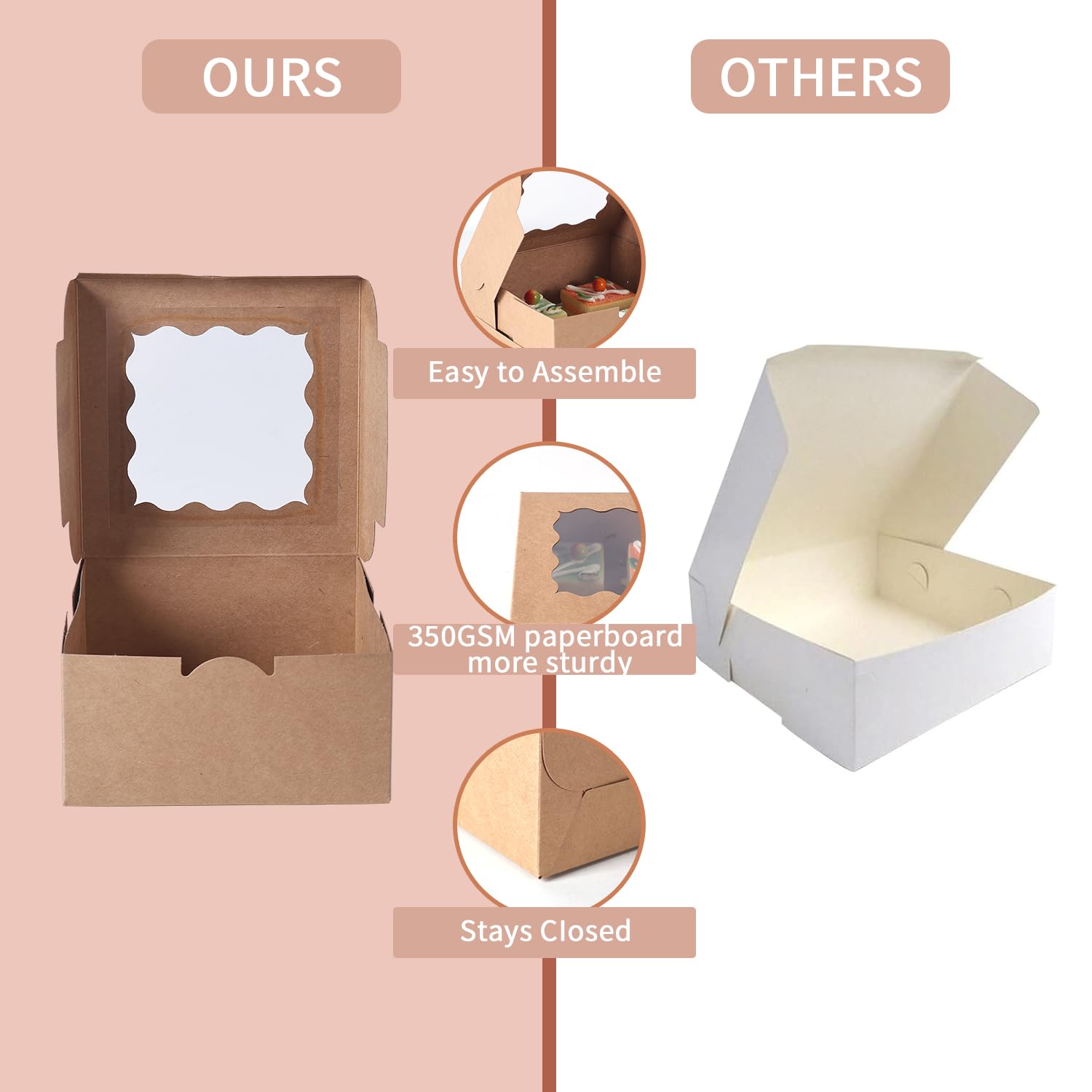 PFAMKEER 100 pcs 6x6x3 Inches Small Cake Box with Window, Bakery Pastry Cookie Boxes, Mini Pie container for Pastry,Dessert,Strawberries,Chocolates, Cupcakes with paper stickers (Brown)