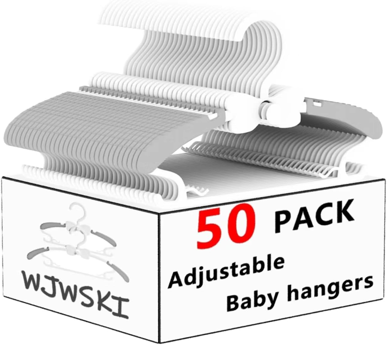 WJWSKI Kids Hangers - 50 Pack Adjustable Toddler Clothes Hangers for Nursery | Space-Saving Grey Design
