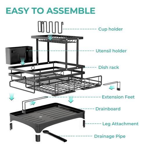HANLE 2 Tier Dish Drying Rack - Large Extendable Dish Rack, 2-in-1 Anti-Rust Stainless Steel Dishrack for Kitchen Counter and Sink, Dish Strainer with Utensil Holder & Cup Holder(Black)