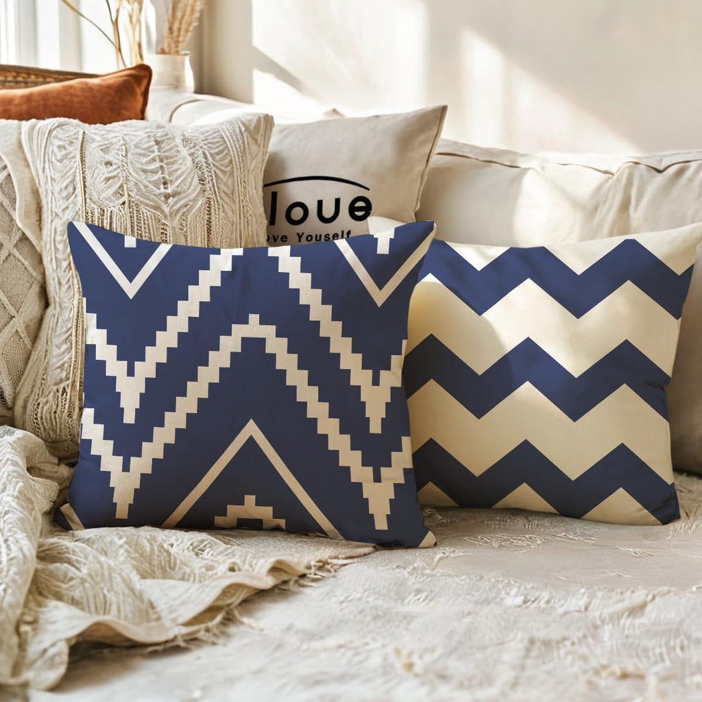 ULOVE LOVE YOURSELF Square Decorative Throw Pillows Cushion Covers Blue Beige Stripes Modern Geometry Print Home Pillowcases 18 X 18 Inch,4 Pack for Sofa Couch