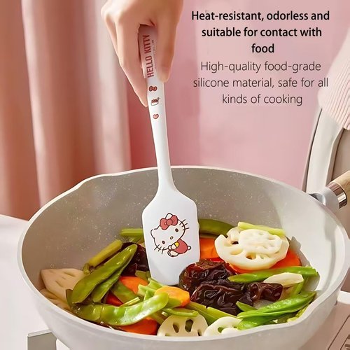 Cartoon Kitty silicone spatula, long handle non-stick rubber, heat-resistant, suitable for cream, jam, blenders, and applicable for cooking and baking (White KT)