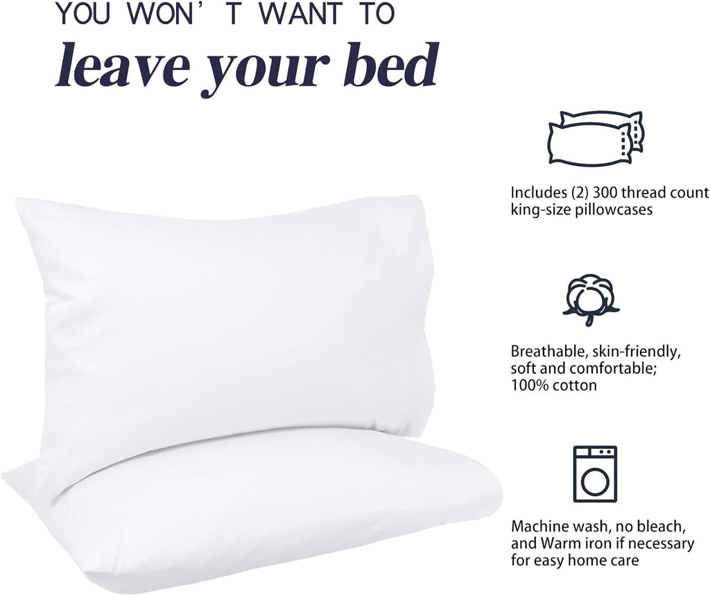 Nuzzle Pillow Cases - King Size 100% Cotton Pillow Covers | Soft 300 Thread Count, White 20 x 36 Inches