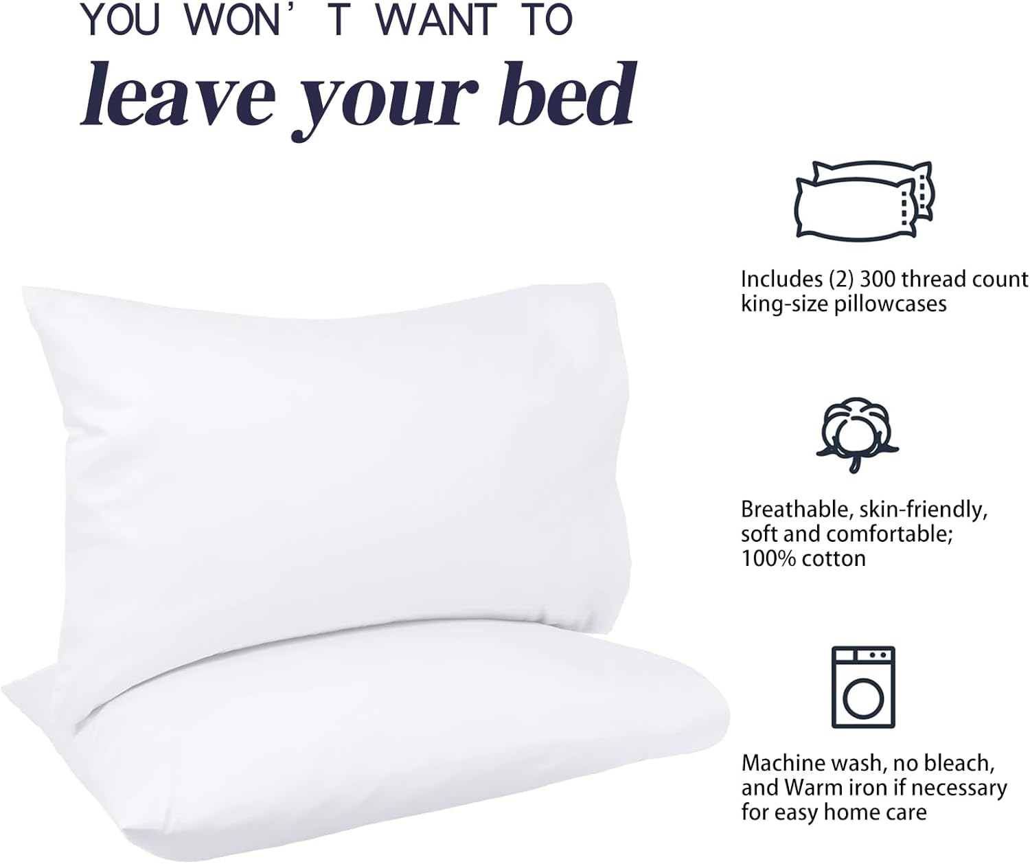 Nuzzle Pillow Cases - King Size 100% Cotton Pillow Covers | Soft 300 Thread Count, White 20 x 36 Inches