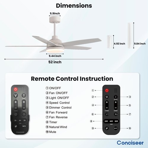 Conciseer 52 Inch Ceiling Fans with Lights, Remote Control 5 Blade Ceiling Fan for Bedroom Living Room Kitchen,24W 3CCT Dimmable, Dual Color 6 Speed Reversible Quiet DC Motor White/Wood Grain