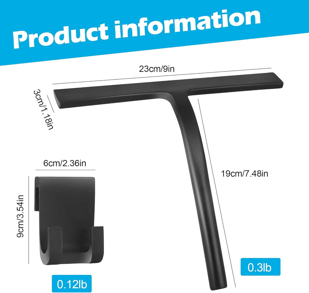 Skiennix Shower Squeegee - Premium Glass Door & Mirror Cleaner with Hook - Black Silicone Finish