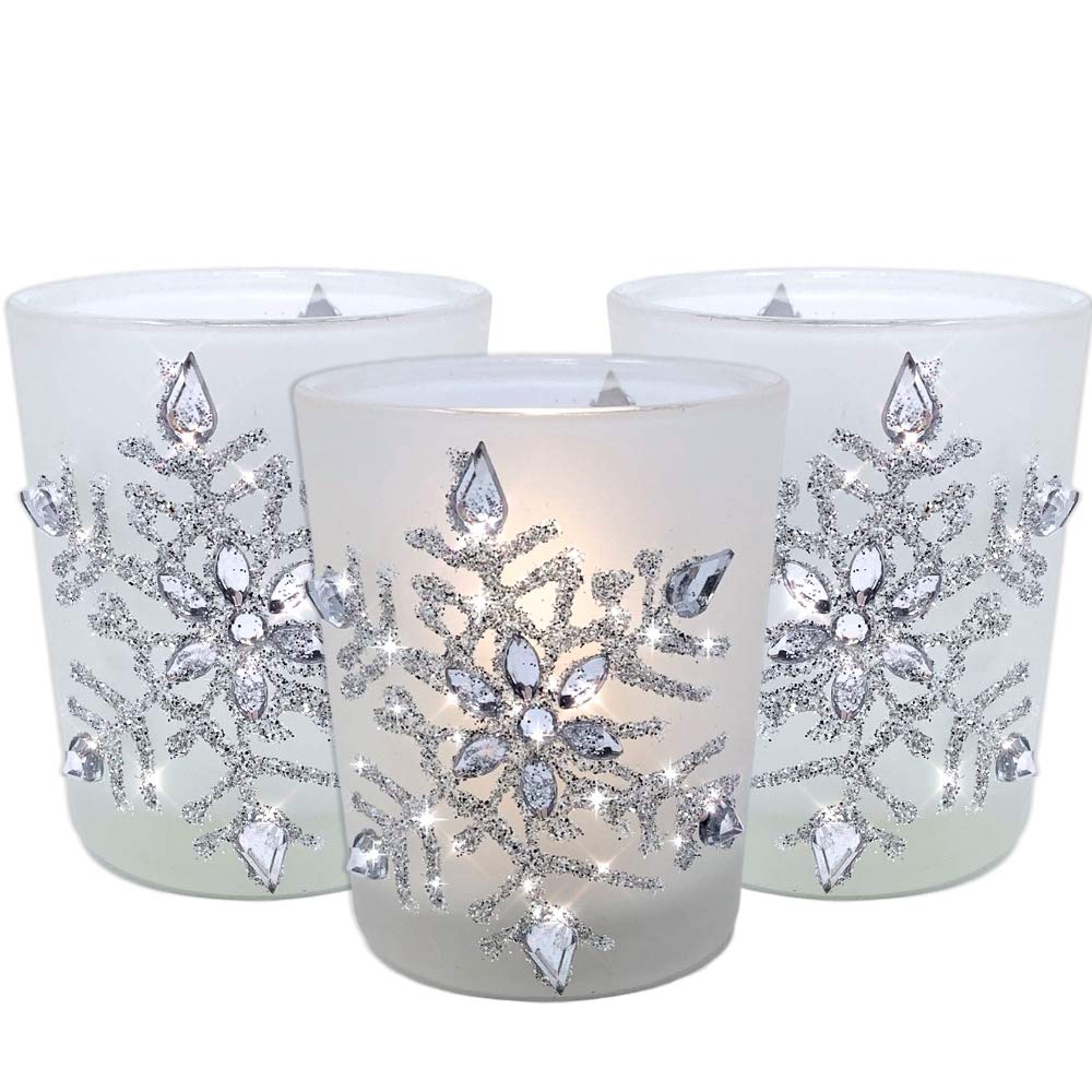 Snowflake Candle Holder - Lighted Frosted Glass Holders - Set of 3 with LED Candles - Glittery Snow Flake Holders with Jewels - Christmas Decor - 2.75" H x 2" D