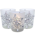 Snowflake Candle Holder - Lighted Frosted Glass Holders - Set of 3 with LED Candles - Glittery Snow Flake Holders with Jewels - Christmas Decor - 2.75" H x 2" D