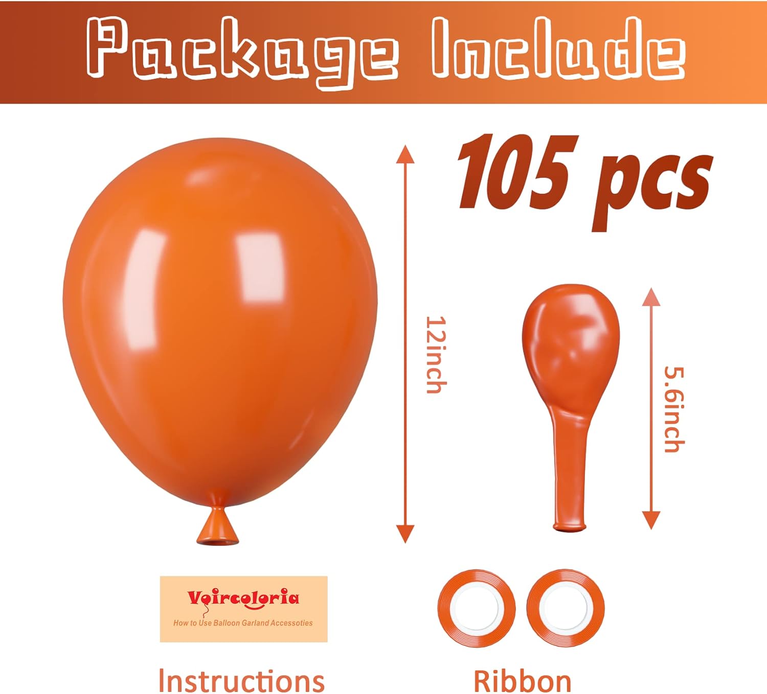 Voircoloria 105pcs Orange Balloons - 12 Inch Latex Party Balloons for Birthdays & Baby Showers
