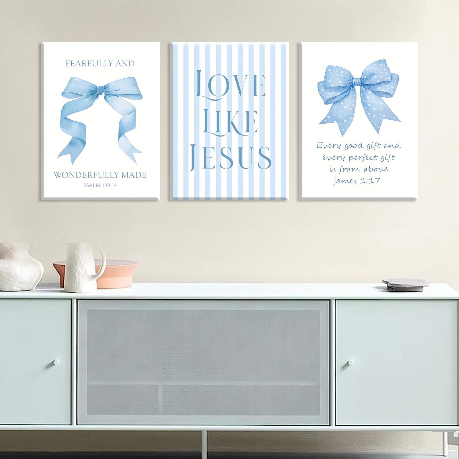 Blue Bow Jesus Canvas Wall Art - Inspirational Bible Verse Decor for Dorm Room | 12x16 Inch Framed