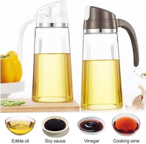 Marbrasse Oil Dispenser - 20 OZ Leakproof Glass Bottle with Auto Flip Cap | Olive Oil Container (White)