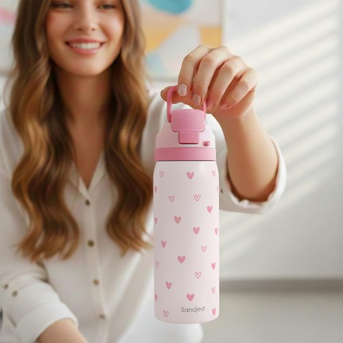 Heart Insulated Stainless Steel Water Bottle with Straw for Sports and Travel, 32oz, Gifts for Women Girls Friends Teens Birthday Christmas