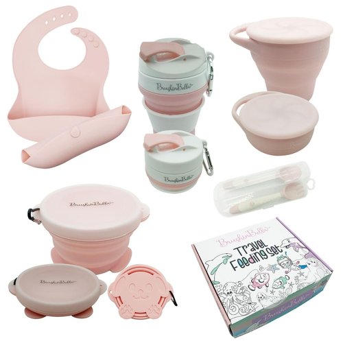 BrushinBella Collapsible Feeding Supplies for Travel - Silicone Suction Bowl, Plate, Bib, Spoons for Toddlers