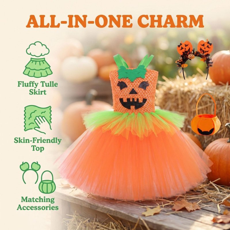 Kids Halloween Costume Dress with Accessories - Multicolour Princess Pumpkin Theme, 9-10 Years - Fancy Dress Costume