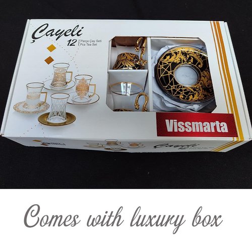 Vissmarta Gold Vintage Turkish Tea Glasses Cups and Saucers Set of 6 Drinking Glassware Party Adults Fancy Serving Coffee Tray Drinks Kettle Women Christmas Gift Teacup Handle Moroccan Drinkware Rim
