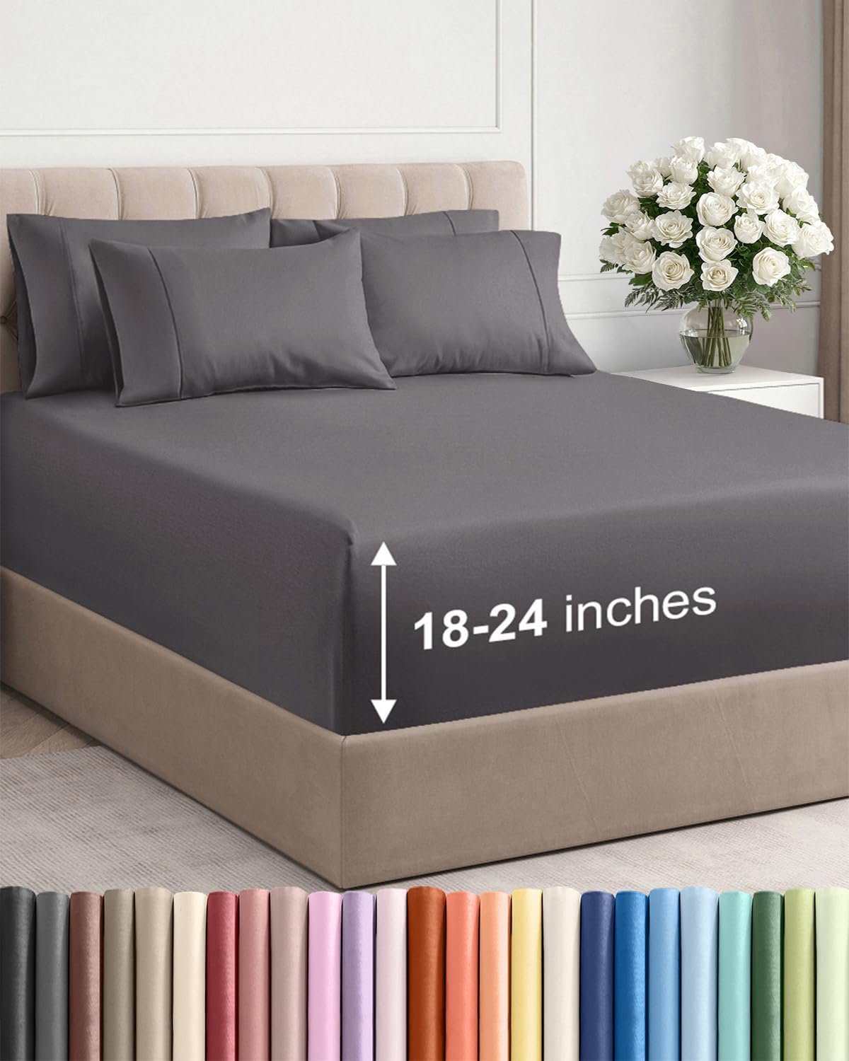 Skiennix Extra Deep Cal King Sheet Set - 6 Piece Breathable Cooling Bedding - Soft Wrinkle-Free Grey