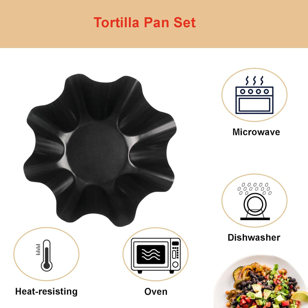Skiennix Tortilla Pan Set - 4-Piece Non-Stick Carbon Steel Taco Shell Makers | Black Flower-Shaped Molds (16.5x7.5x6cm)