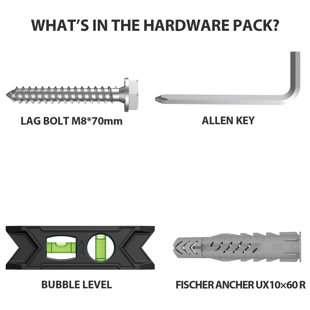 USX Mount Lag Bolt Kit - M8 Lag Bolts for Wood Studs & Fischer Anchors for Concrete Walls | Easy Install with Allen Key & Bubble Level