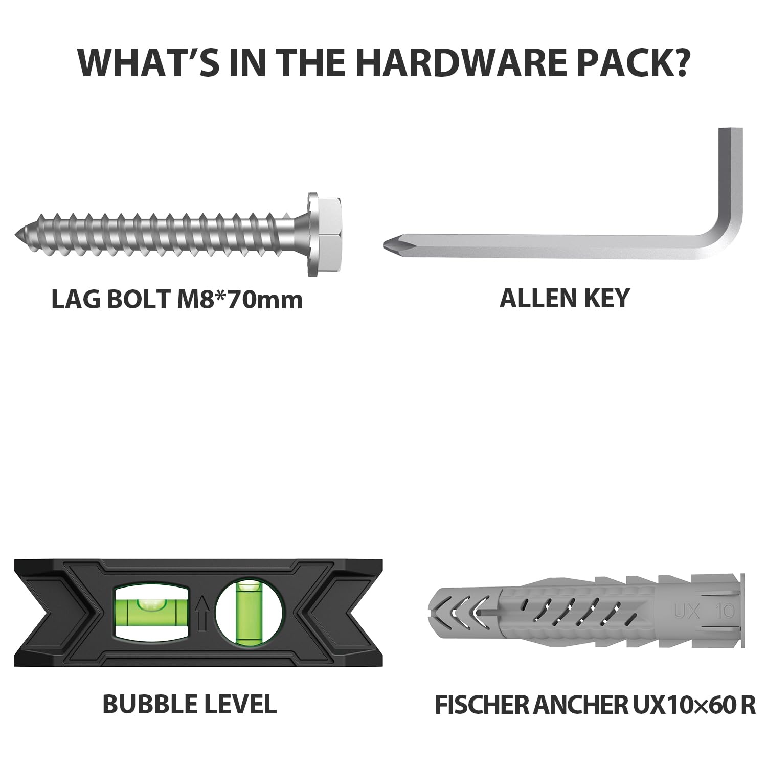 USX Mount Lag Bolt Kit - M8 Lag Bolts for Wood Studs & Fischer Anchors for Concrete Walls | Easy Install with Allen Key & Bubble Level