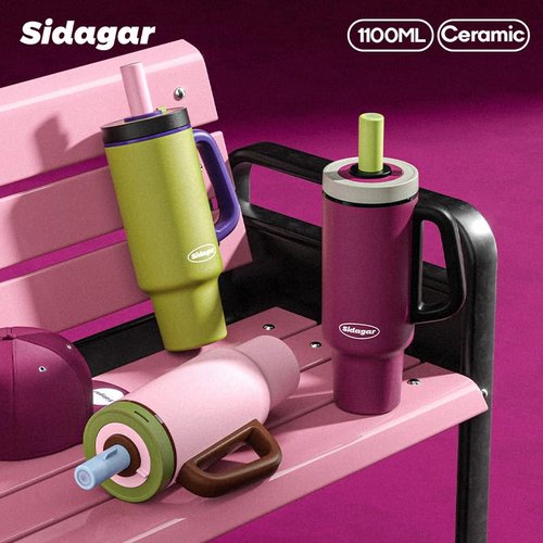 Sidagar 36 oz Tumbler with Handle and Straw, Ceramic Lined Water Bottle Vacuum Insulated Cup, Stainless Steel Travel Mug with Lid,Fits Cup Holder, Leak Resistant Press-in Lid, Purple