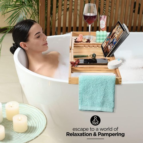 Luxury Foldable Bathtub Tray Caddy - Waterproof Wooden Organizer for Wine, Books & Phones | Expandable Size Fits Most Tubs