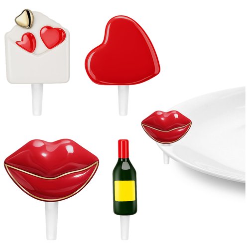 Sieral 4 Pcs Valentine Plate Decorations Hand-painted Ceramic Valentines Day Red Heart Wine Bottle Heart Envelope Red Lips Ceramic Plate Accent for Home Serving Dishes Platter Party Supply