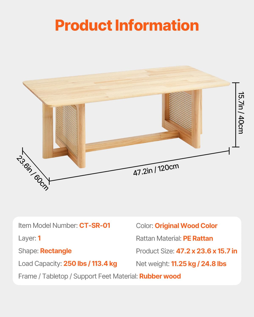 VEVOR Rattan Coffee Table, Rectangle Woven With Rubber Wood Top, 47-Inch Modern Boho Storage Table With Natural Legs, for Living Room, Bedroom & Small Spaces
