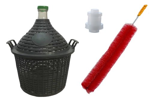 North Mountain Supply Narrow Mouth Glass Demijohn/Carboy with Plastic Basket - 15 Liter (Approx. 4 Gallons) - Includes Clip on Airlock, Lid, and Cleaning Brush