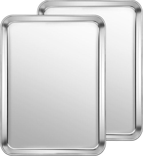 CEKEE Stainless Steel Baking Sheets - Heavy Duty 2PCS Cookie Tray Set | Easy Clean, 12.59 x 9.84 x 1 Inch