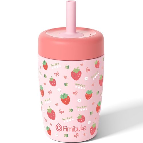 Fimibuke Kids & Toddler Cups Spill Proof, 12 OZ Insulated Sippy Cups for Toddlers Boys Girls, BPA-Free Toddler Straw Tumbler, Stainless Steel Kids Water Bottle with Twist Lids & Silicone Straw, 1 Pack
