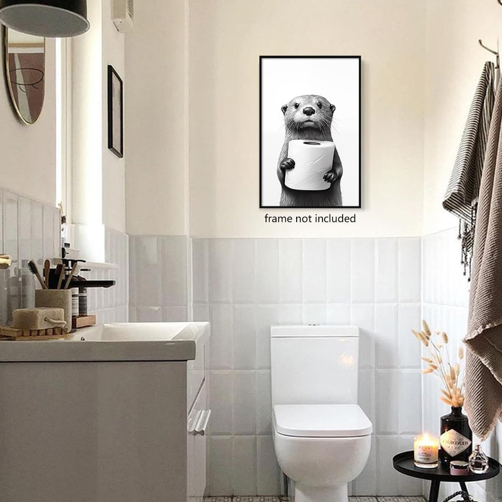Otter Canvas Wall Art - Funny Black and White Animal Poster for Bathroom Decor | 12x16in Unframed