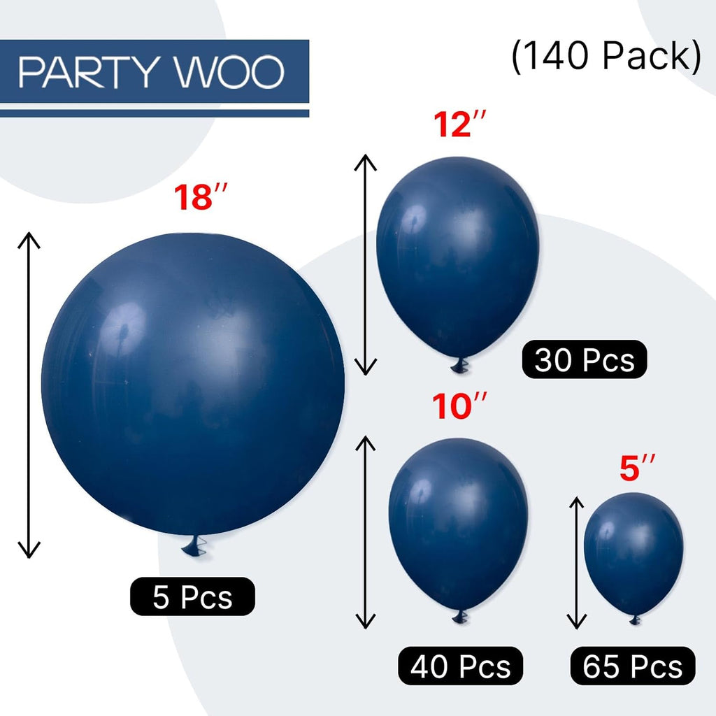 PartyWoo Navy Blue Balloon Arch Kit - 140-Piece Set in 5-18 Inch Sizes for Graduation, Weddings & Birthdays