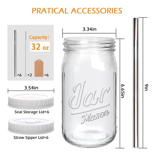 Mapoxy 6-Pack Mason Jars Cups with Plastic Lids & Straws, 32oz Wide Mouth Glass Cups with Leak-proof Plastic Lids, Reusable Drinking Jars for Juices, Smoothies, Iced Coffee & Food Storage