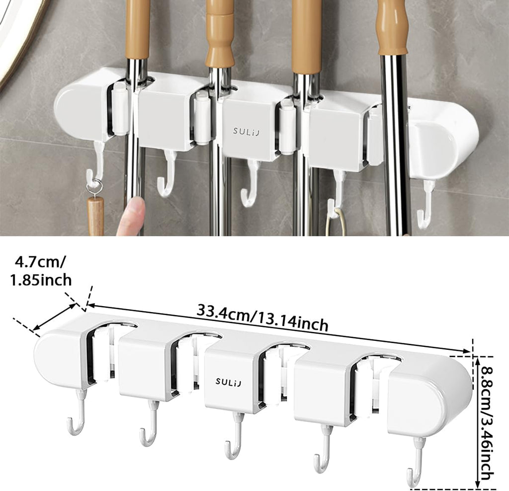 Skiennix Broom Holder Wall Mount - No-Drilling Self-Adhesive Storage Rack with Hooks | 2 Pcs, White