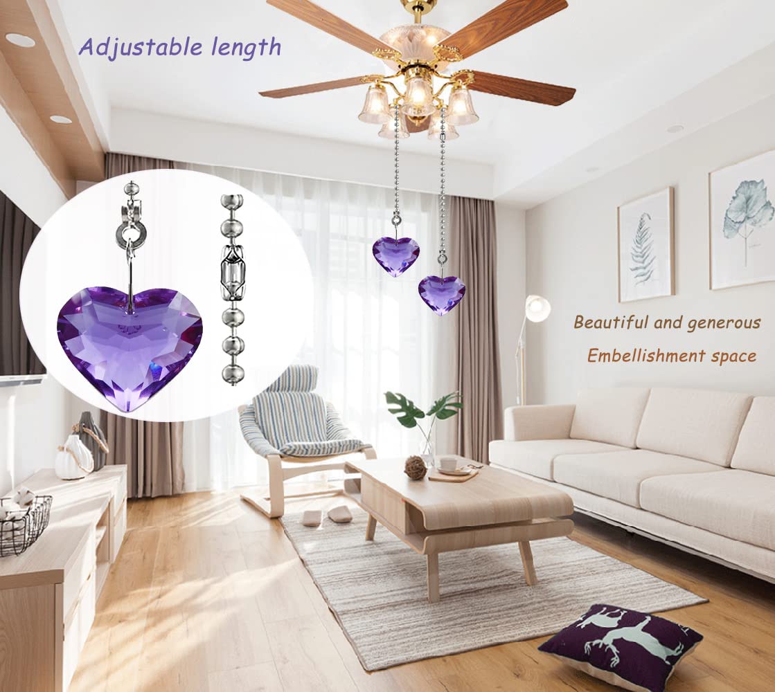 OMYZERO 2Pcs 12inch Crystal Heart Prisms Pendant Ceiling Fan Pull Chain Extender with Ball Chain Connector (Purple)
