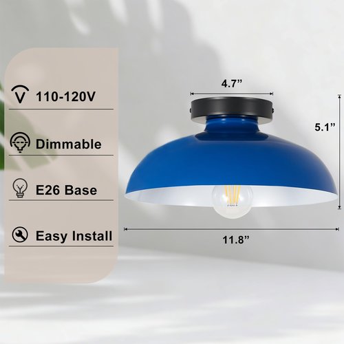 KOPCTOBL 2 Pack Farmhouse Semi Flush Ceiling Light, 11.8 Inch Metal Semi Flush Mount Ceiling Light, E26 Base, Vintage Ceiling Light Fixture for Hallway Entryway Bedroom, Dark Blue