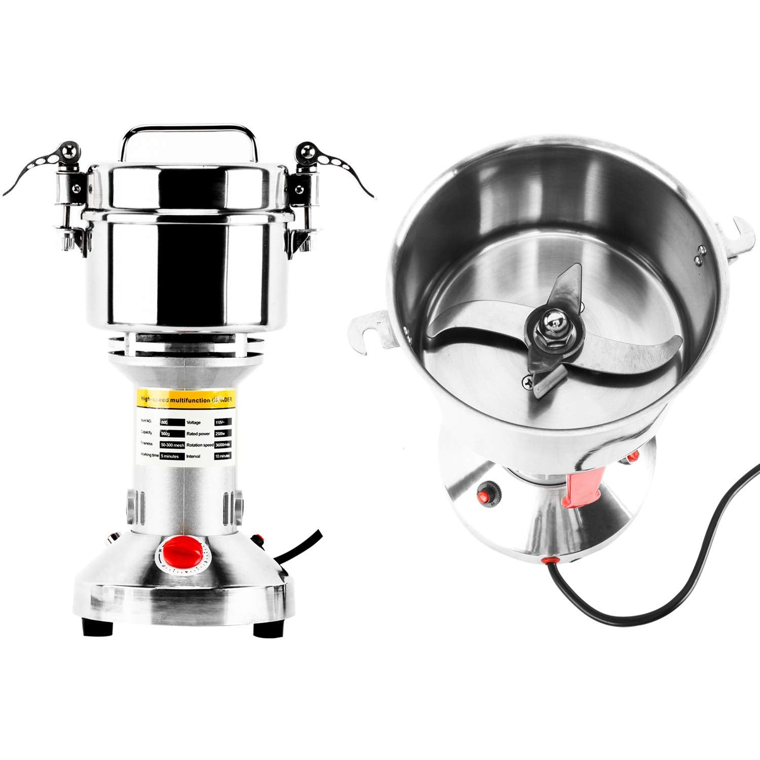 DasMarine 500g High Speed Electric Grain Mill Grinder - Commercial Stainless Steel Spice Grinder with 2500W Motor, 50-300 Mesh, 36000RPM - Ideal for Kitchen Herb, Spice, and Pepper Grinding (500g)