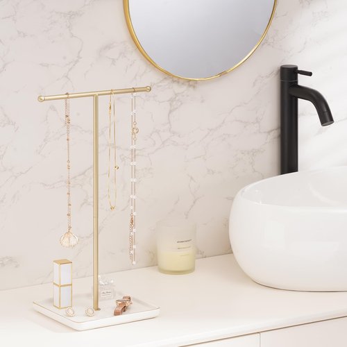 Lolalet Necklace Holder, Jewelry Display Stand with Ceramic Base Tray Jewelry Organizer Tree for Necklaces Bracelets Earrings Rings -White, 1 Tier