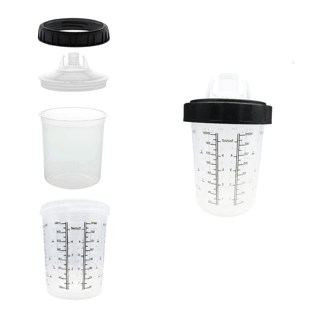 Disposable Paint Spray Gun Cup Liners and Lid System, 50 Pack Mini Size 6 Ounce (200ml) Kit - Paint Spray Gun Cups 50 Cup Liners, 50 Lids with Strainer, 1 Hard Cup with Retainer Ring and 20 Plugs