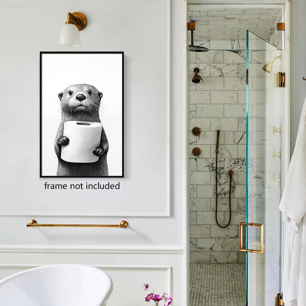 Otter Canvas Wall Art - Funny Black and White Animal Poster for Bathroom Decor | 12x16in Unframed
