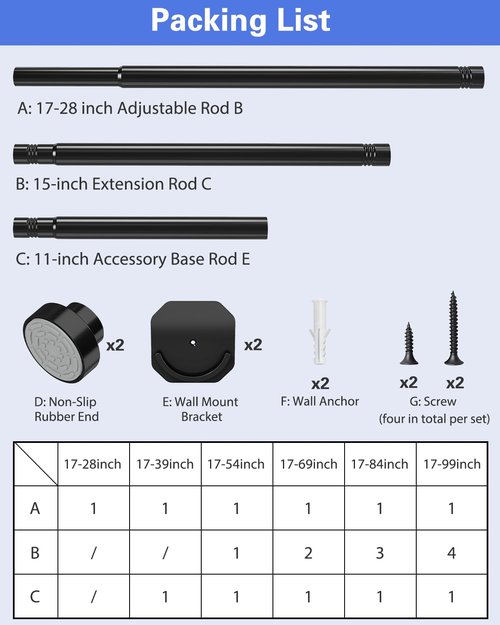 Supforce No Drilling Closet Rods for Hanging Clothes, Non Slip Tension Rod with Heavy Duty Clothes Hanging Rod, 17-69 Inches Adjustable Spring Closet Rod for Closet Wardrobe Bathroom Laundry RV, Black