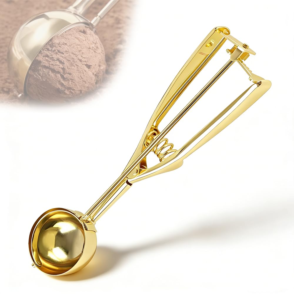ZYHUI Gold Ice Cream Scoop 304 Stainless Steel Cookie Scoops for Baking Melon Baller with Trigger 3 Sizes (Gold, M)