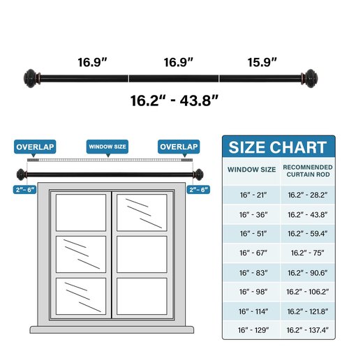 H.VERSAILTEX Curtain Rods for Windows 16.2 to 43.8 Inches 3/4 inch Diameter Adjustable Decorative Telescoping Curtain Rod with Brackets Heavy Duty Splicing Window Rods with Classic Finials, Black