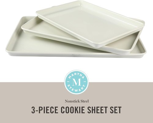 Martha Stewart Gallen 3-Piece Cookie Sheet Set - Ceramic Nonstick Baking Pans, Oven Safe to 450°F | Linen White