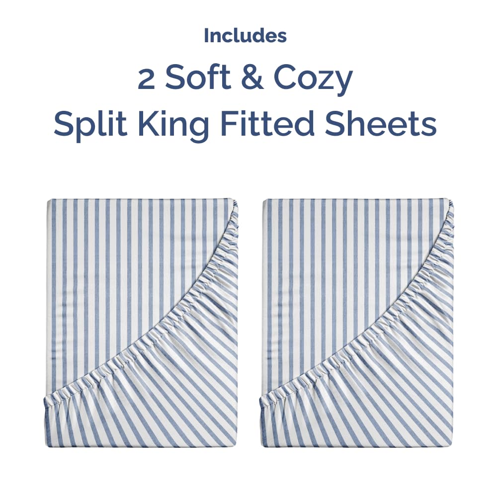 Split King Fitted Bed Sheet - Bottom Single Fitted Sheet Only - Soft Hotel Luxury Bedding w/ 8-16 Inch Deep Pockets - Breathable & Wrinkle Free - Easy-Care, Fade & Shrink Resistant - Blue Stripes 2