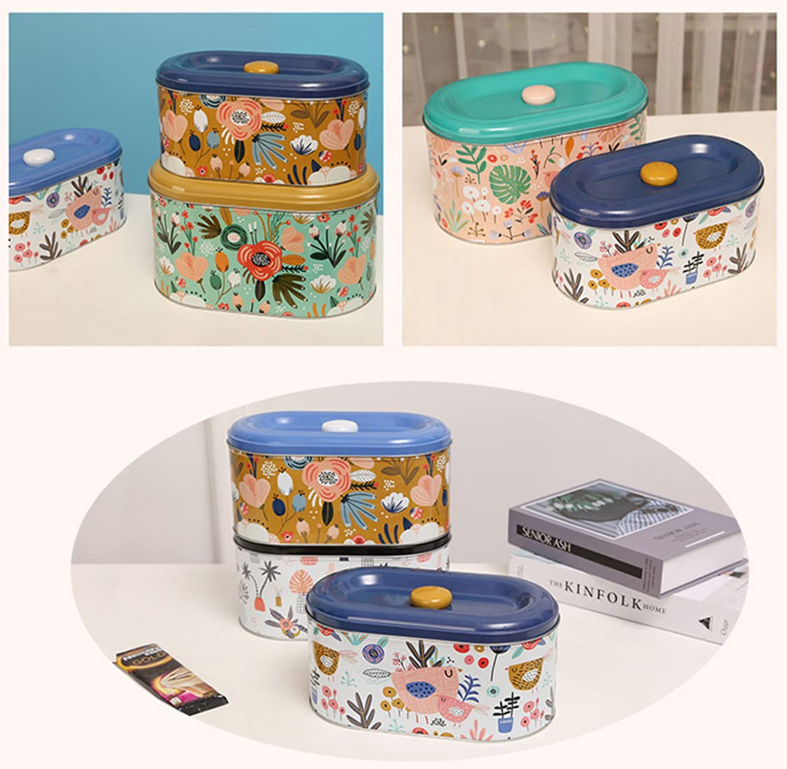 TUSIMI Tin Cookie Snack Jars Biscuit Storage Tin Canister Cookie Jar Home Kitchen Food Gifts Storage Containers with Lid for Biscuit Cookie Chocolates Toddler | Food-Safe (Floral D)