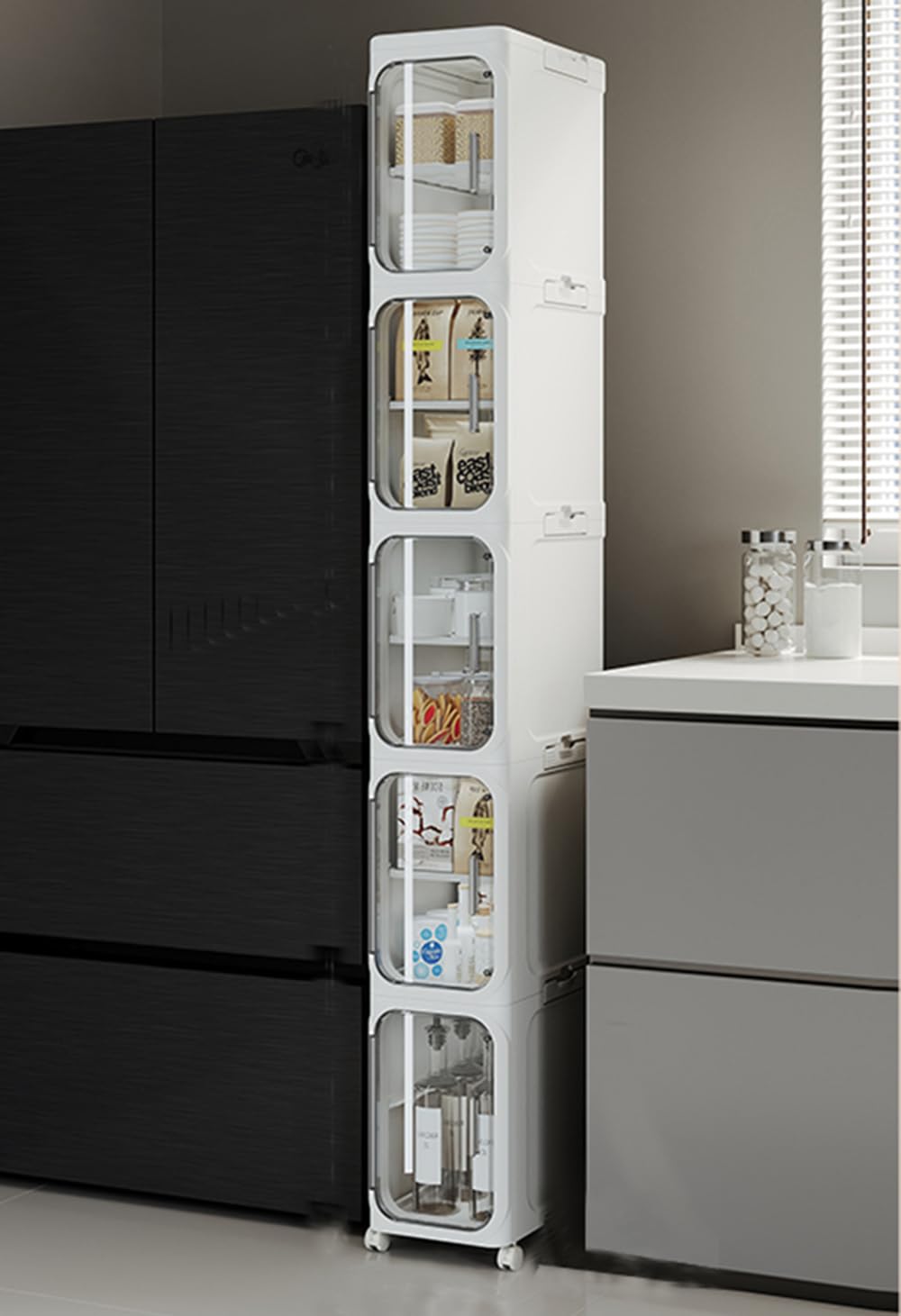 5-Tier Narrow Storage Cabinet: Slim Plastic Storage Organizer with Doors and Adjustable Shelves, Movable Waterproof Floor Cabinet for Small Spaces, Ideal for Bathroom, Kitchen, Laundry, Office.