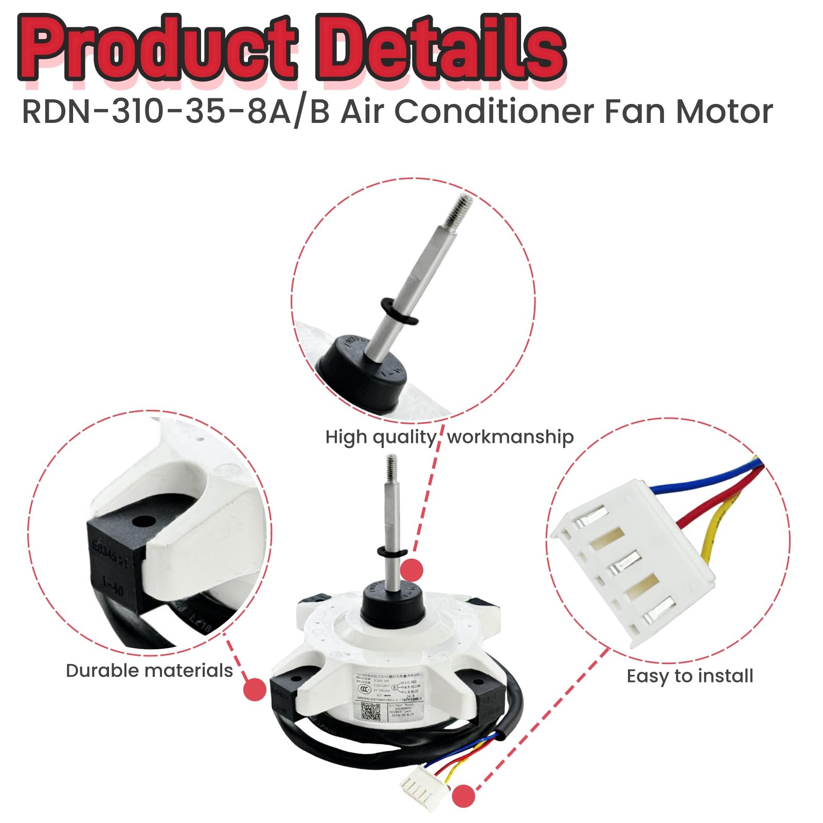 RDN-310-35-8A/B Air Conditioner Fan Motor Brushless DC Motor DC310V 24W 0.11A 900r/min Compatible for AUX Air Conditioner，External Fan Motor Replacement