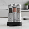 ICE ARMOR Electric Salt and Pepper Grinder, Set of 3 with Wireless Charging Base, Stainless Steel, Rechargeable Automatic Pepper Mill, Adjustable Coarseness, Easy to Use & Clean, Perfect Kitchen Gift