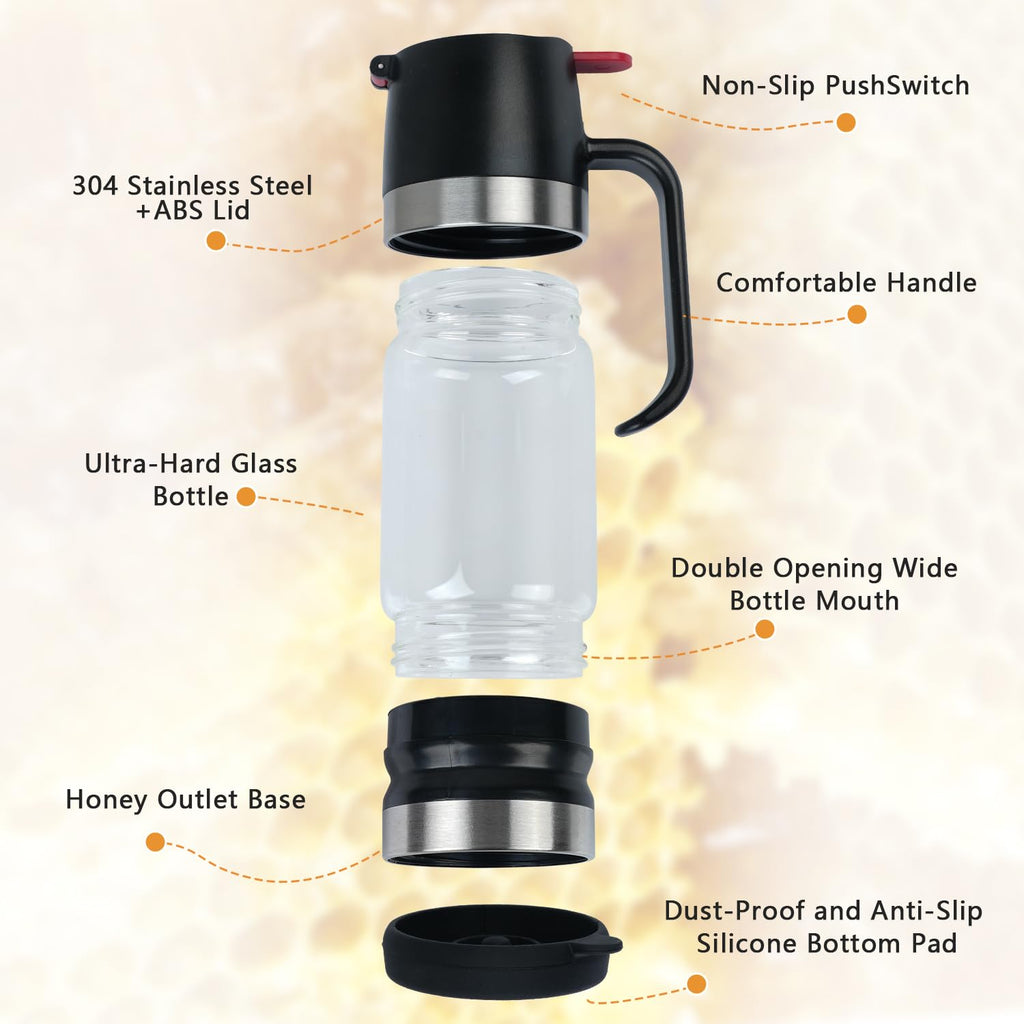 Ecopandy Honey Dispenser 12Oz No Drip with Base 2026 Upgrade, Glass Honey Jar pot with Handle, Syrup Dispenser for Coffee or Tea, Mess Free Honey Dispenser for Honey and Syrup, Honey Container